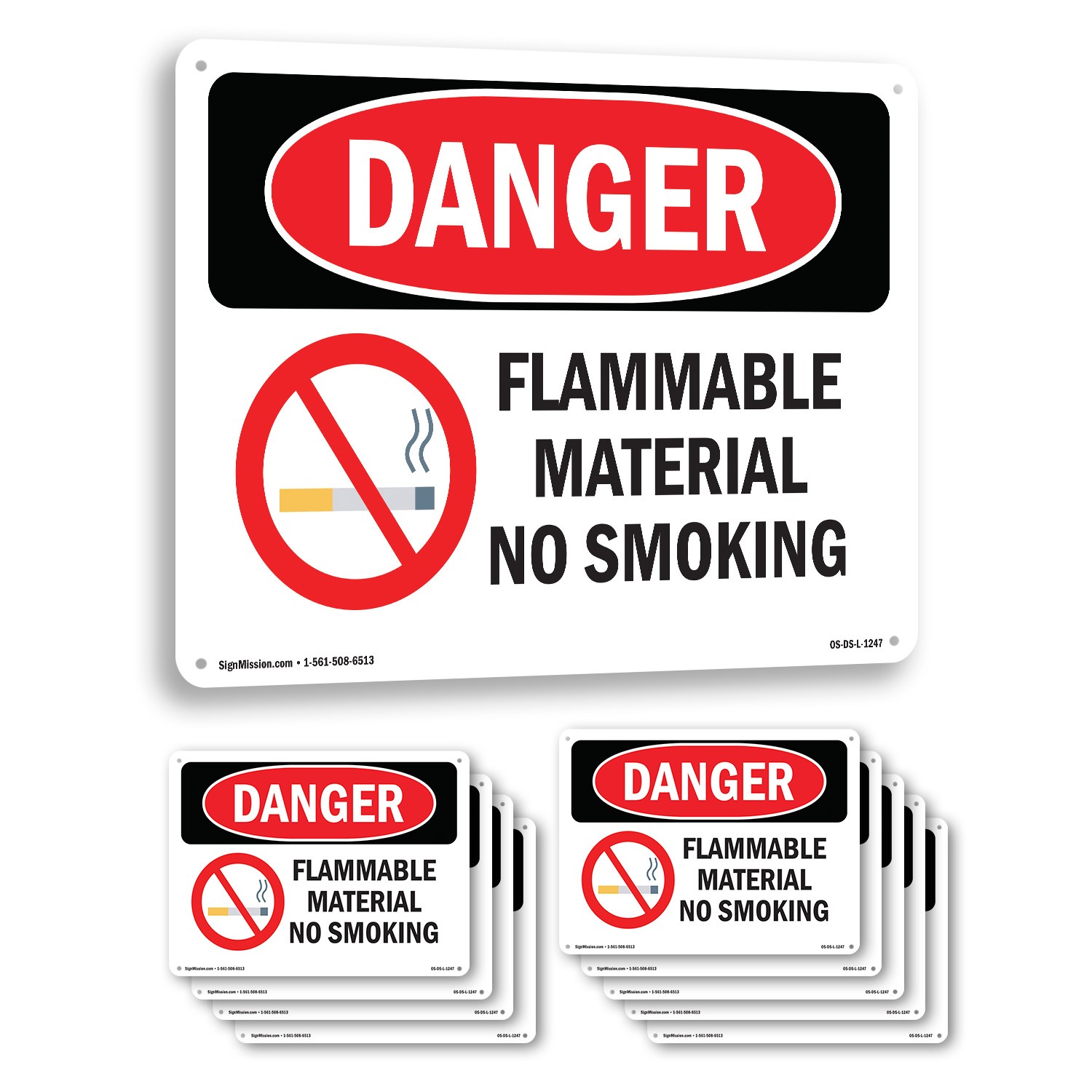 Flammable Material No Smoking OSHA Danger Sign Metal Plastic, Decal 5 or 10 Pack