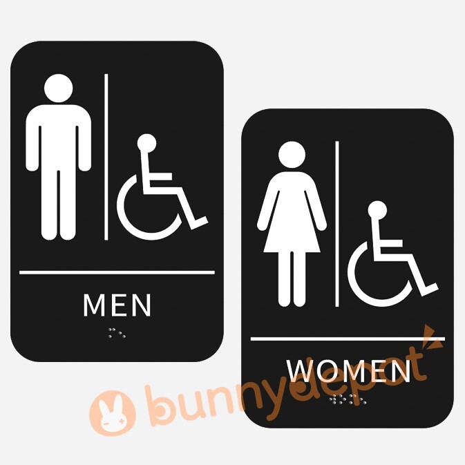 Men + Women Restroom Sign ADA Braille Self Adhesive with 3M Tape 9″ x 6″