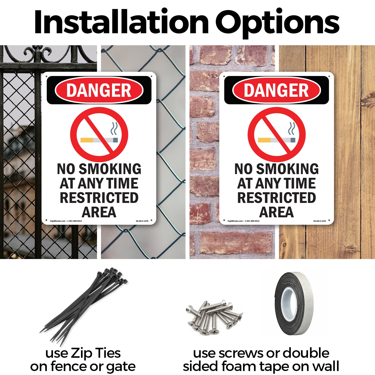 No Smoking At Any Time OSHA Danger Sign Metal, Plastic, Or Decal – 5 or 10 Pack