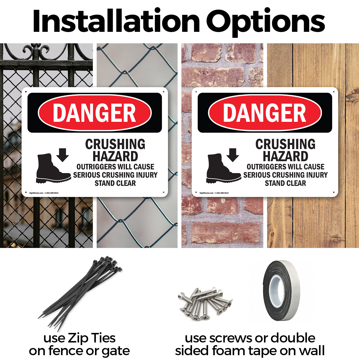 (2 Pack) Crushing Hazard Outriggers Stand Clear OSHA Danger Sign Decal Metal