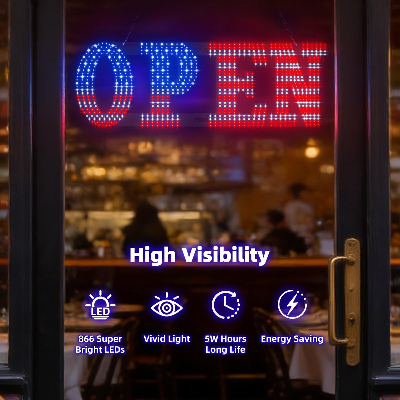 Large Dimmable LED Open Sign for Business – 30″x10″ US Flag Design, 12 Flash Mod