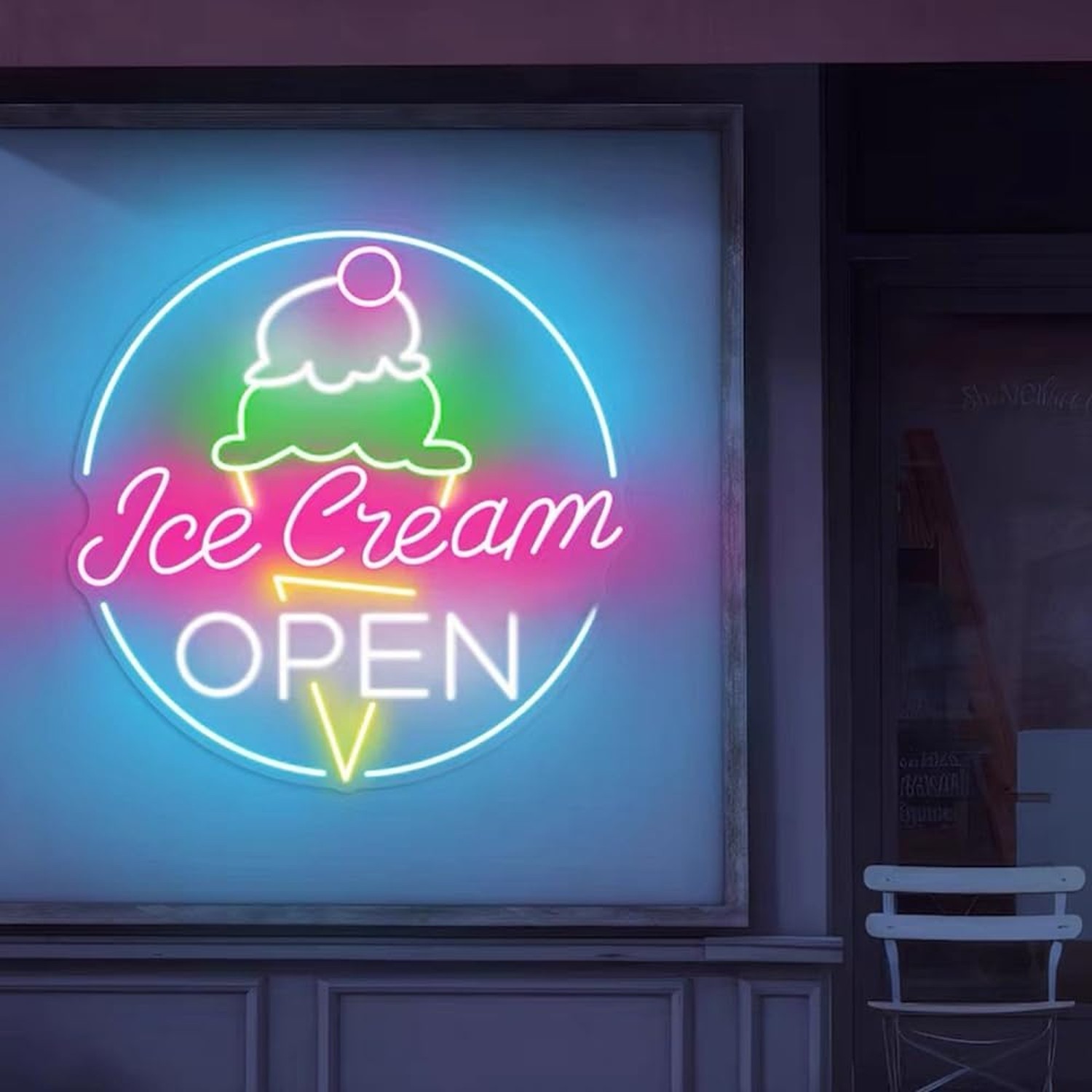Neon Ice Cream Sign – LED Light, Open Shop Sign, Wall Art, 16x16inch