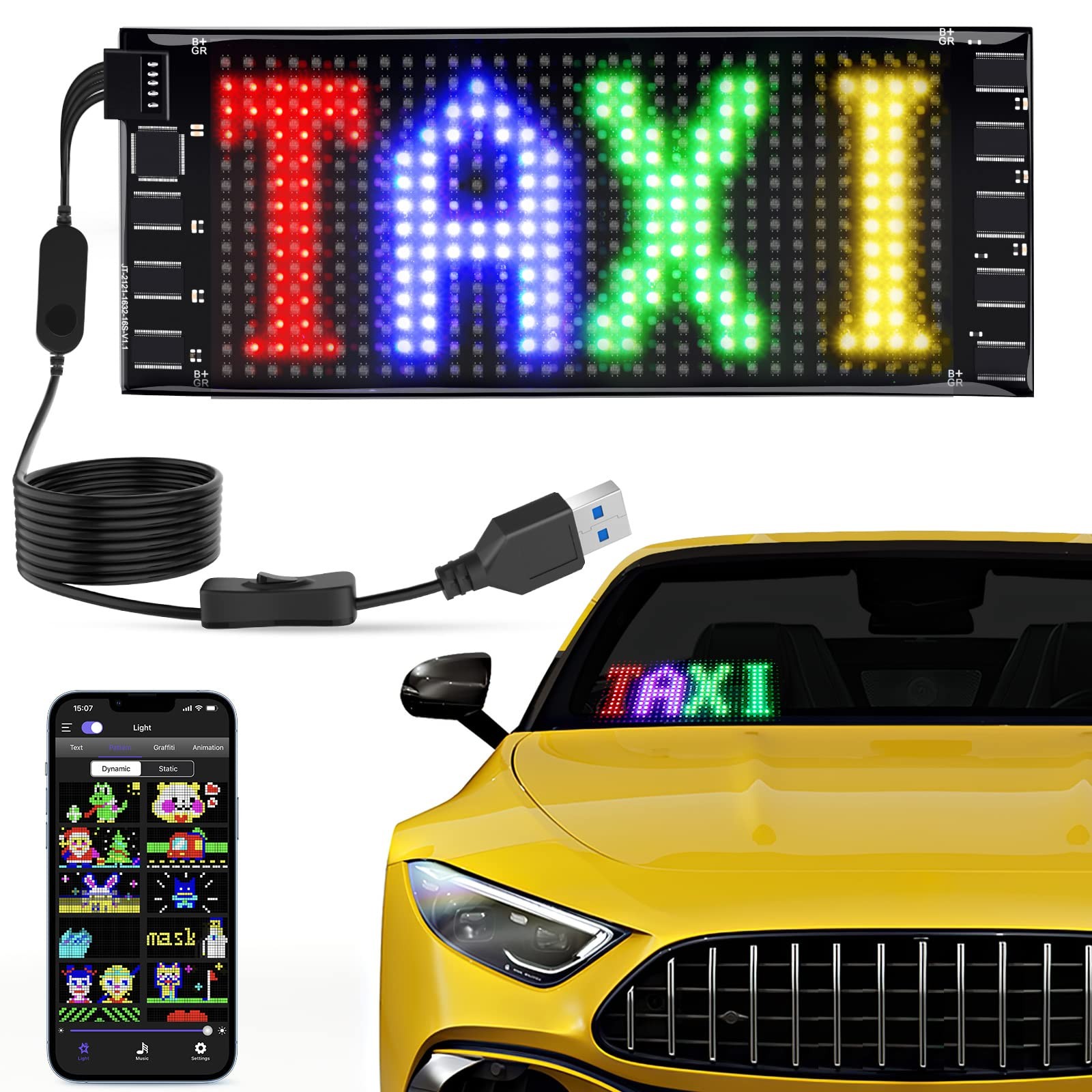 KJOY Mini LED Car Signs 6.7×2.76 Flexible USB 5V LED digital sign Bluetoo…