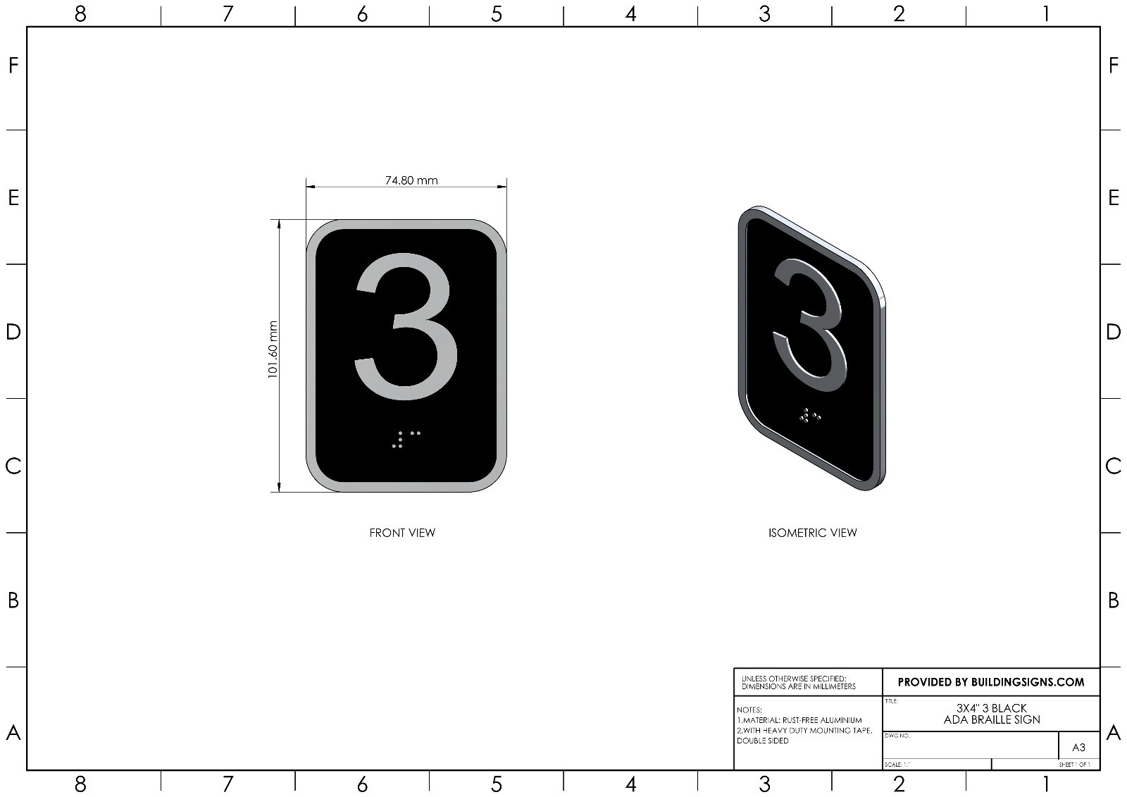 Elevator floor number 3 sign – Elevator Jamb Plate 3( 3×4, cast-REF24-1027