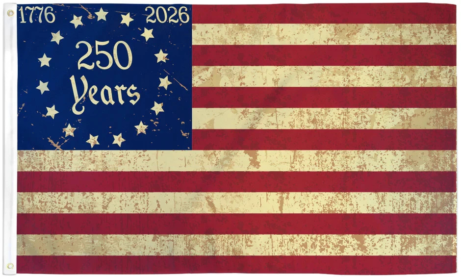 250 America Tea-Stained Flag 3x5ft Poly 250 Years Banner Sign Fourth of July USA