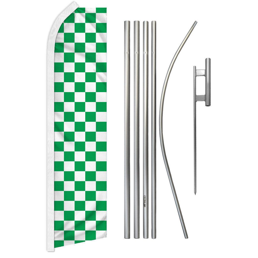 Green & White Checkered Swooper Flutter Feather Advertising Flag Pole Kit Racing