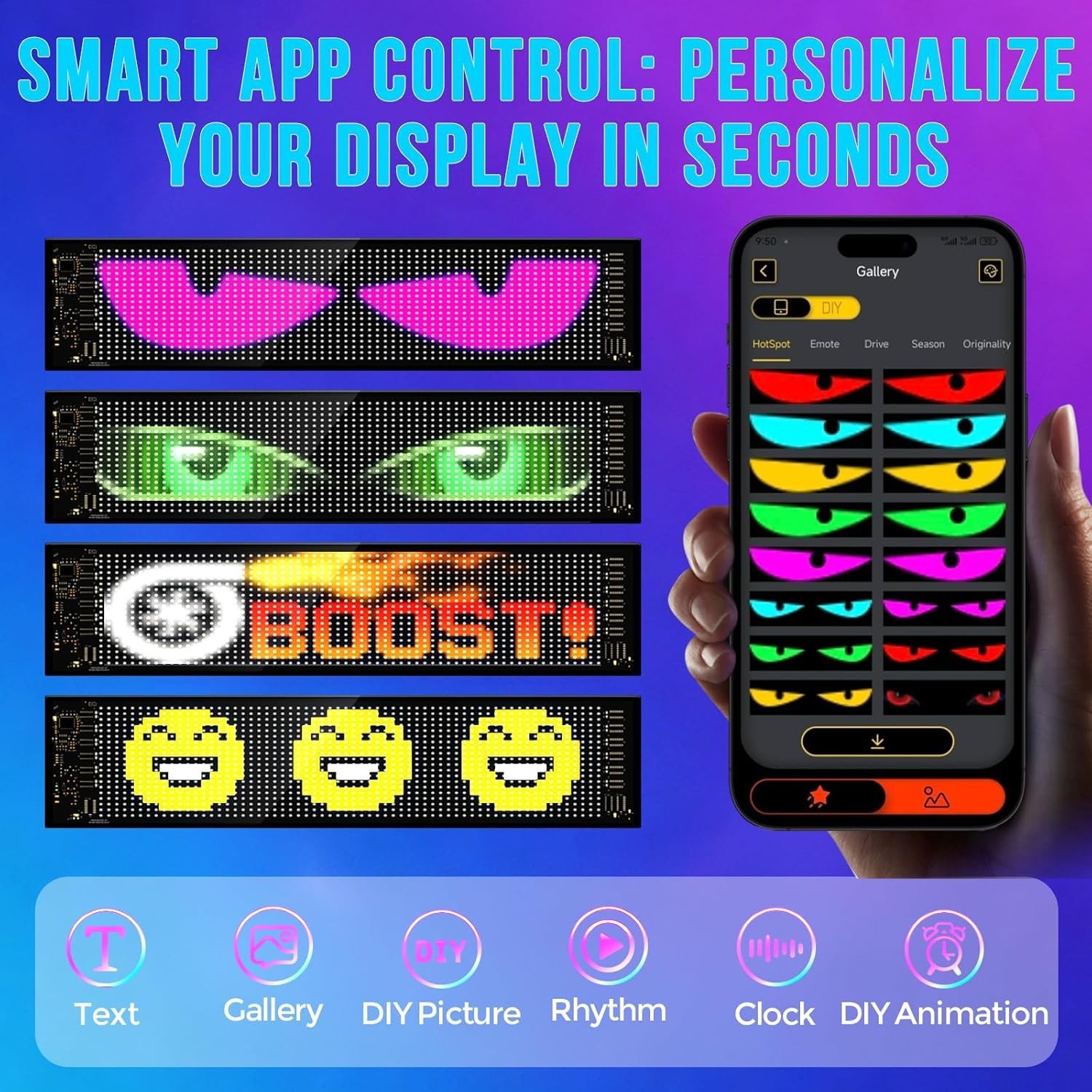 Dynamic 14”x4” Waterproof LED Sign for Cars with Multiple Scrolling Modes