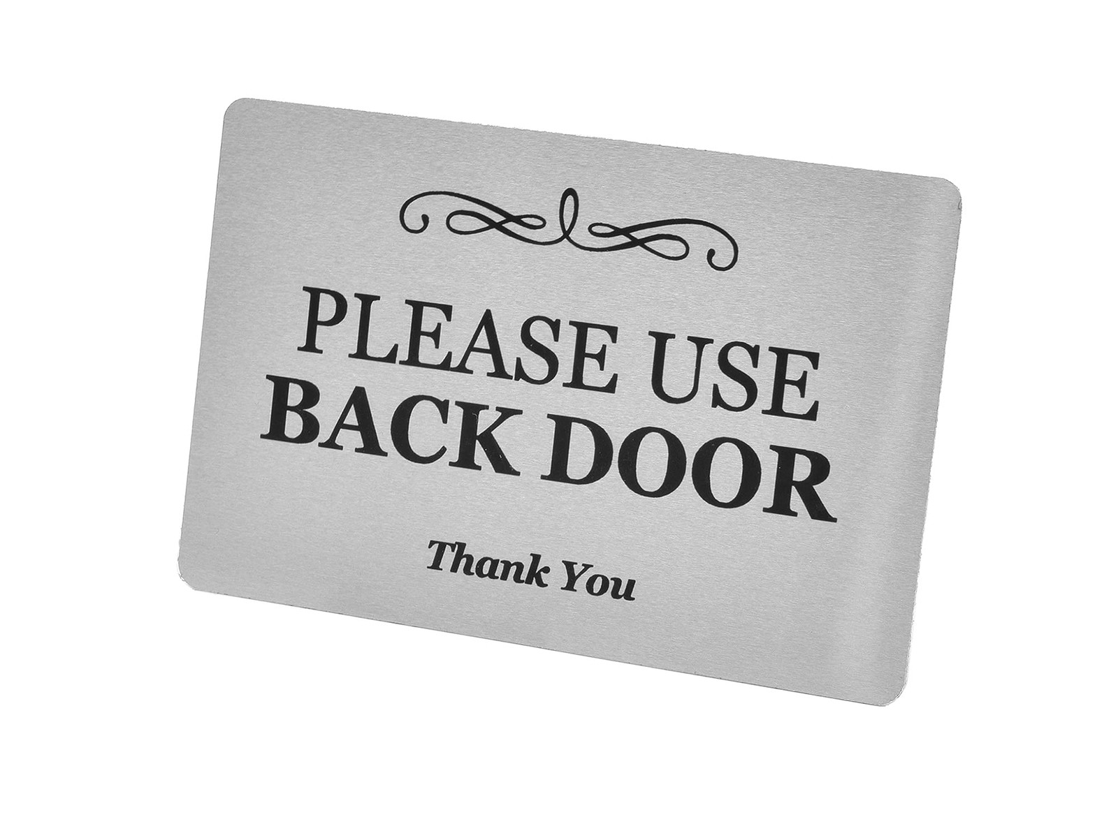 Please Use Back Door Sign Metal Aluminium Adhesive Notice Deliveries Silver