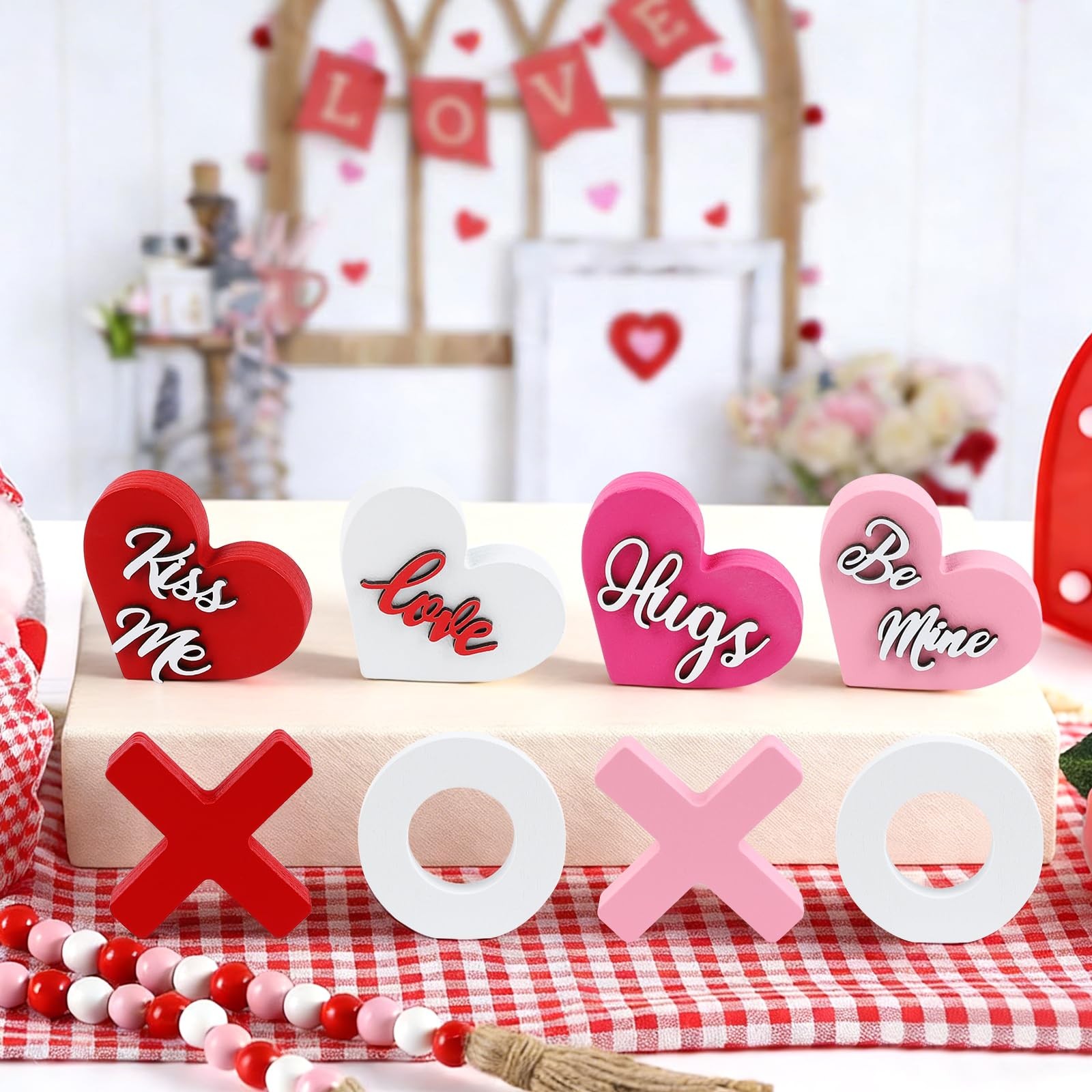 8Pcs Valentine’s Day Wooden Heart XOXO Table Signs Valentines Tiered Tray Dec…