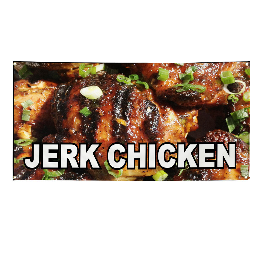 Vinyl Banner Multiple Sizes Jerk Chicken Food Fair Restaurant Cafe Market