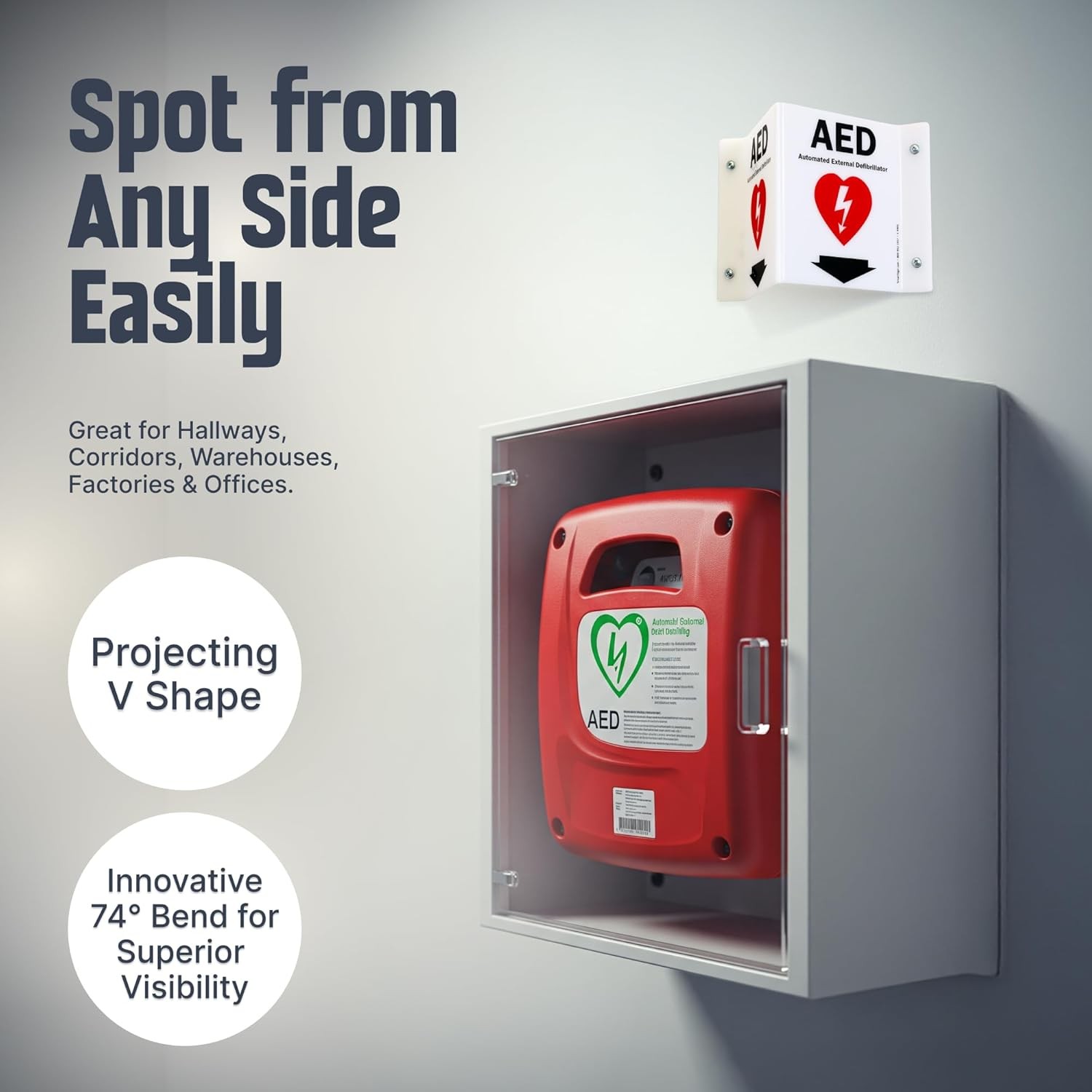 AED Two-Sided V-Shaped Projecting Sign with Down Arrow and Symbol, 6 x 5 inch, 1
