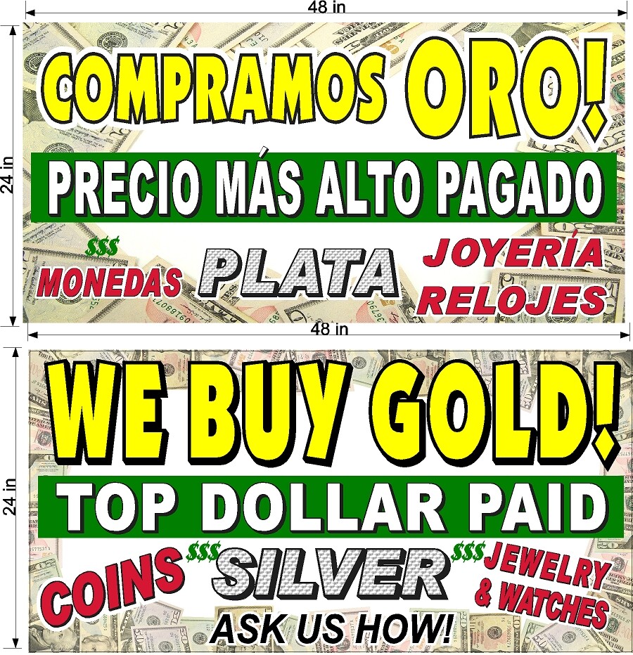 WE BUY GOLD SILVER JEWELRY YELLOW TEXT 2′ X 4′ BANNERS ENGLISH AND SPANISH