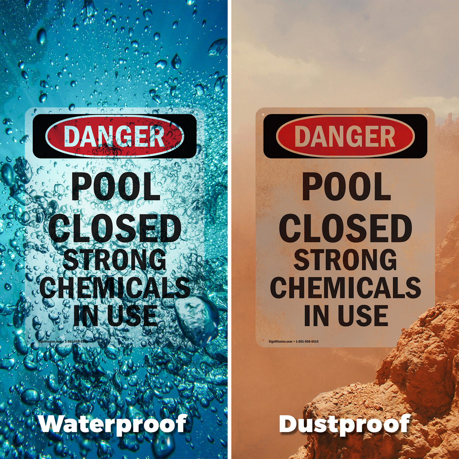 (2 Pack) Portrait Pool Closed Strong Chemicals In Use OSHA Danger Sign Decal