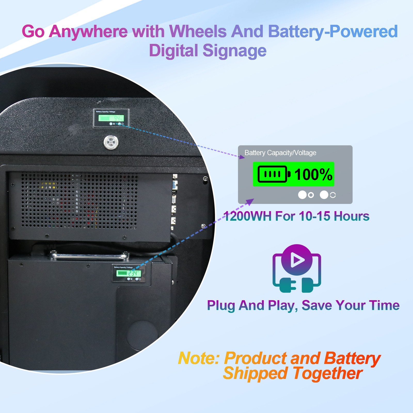 43″ 2000Nits IP65 Rechargeable Portable Outdoor LCD Digital Signage Totem