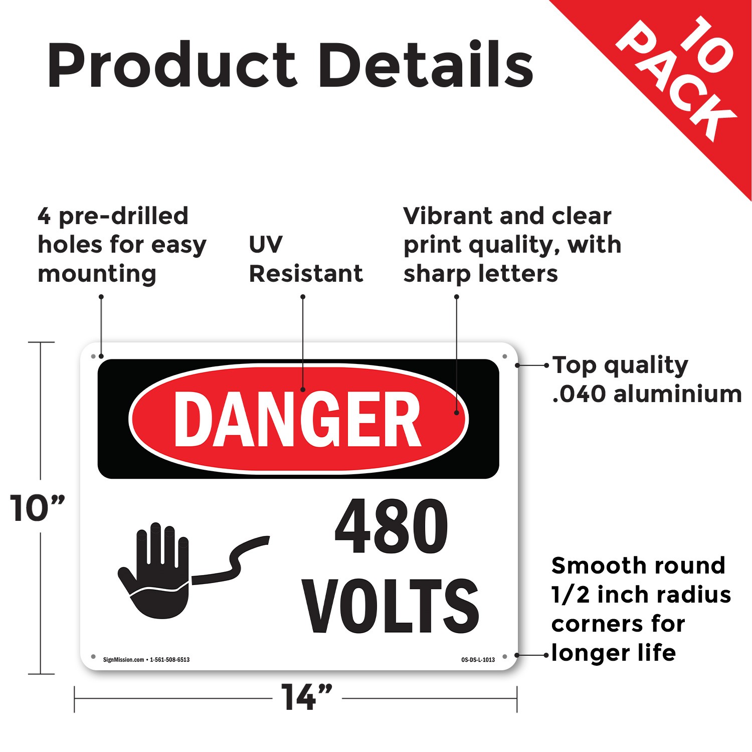 480 Volts OSHA Danger Sign Metal, Plastic, Or Decal – 5 or 10 Pack