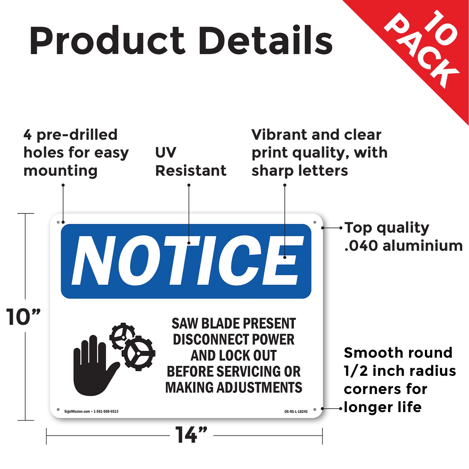 Saw Blade Present Disconnect OSHA Notice Sign Metal, Plastic, Decal 5 or 10 Pack