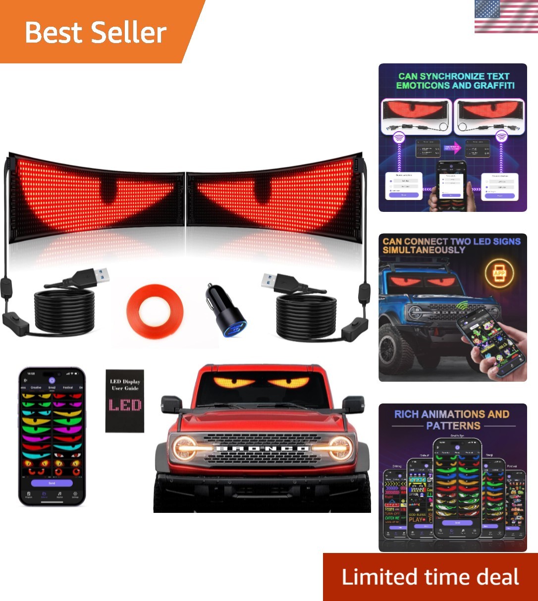 15”x4” LED Devil Eyes Light – 2PCS Car Window Sign, App Controlled & Animated