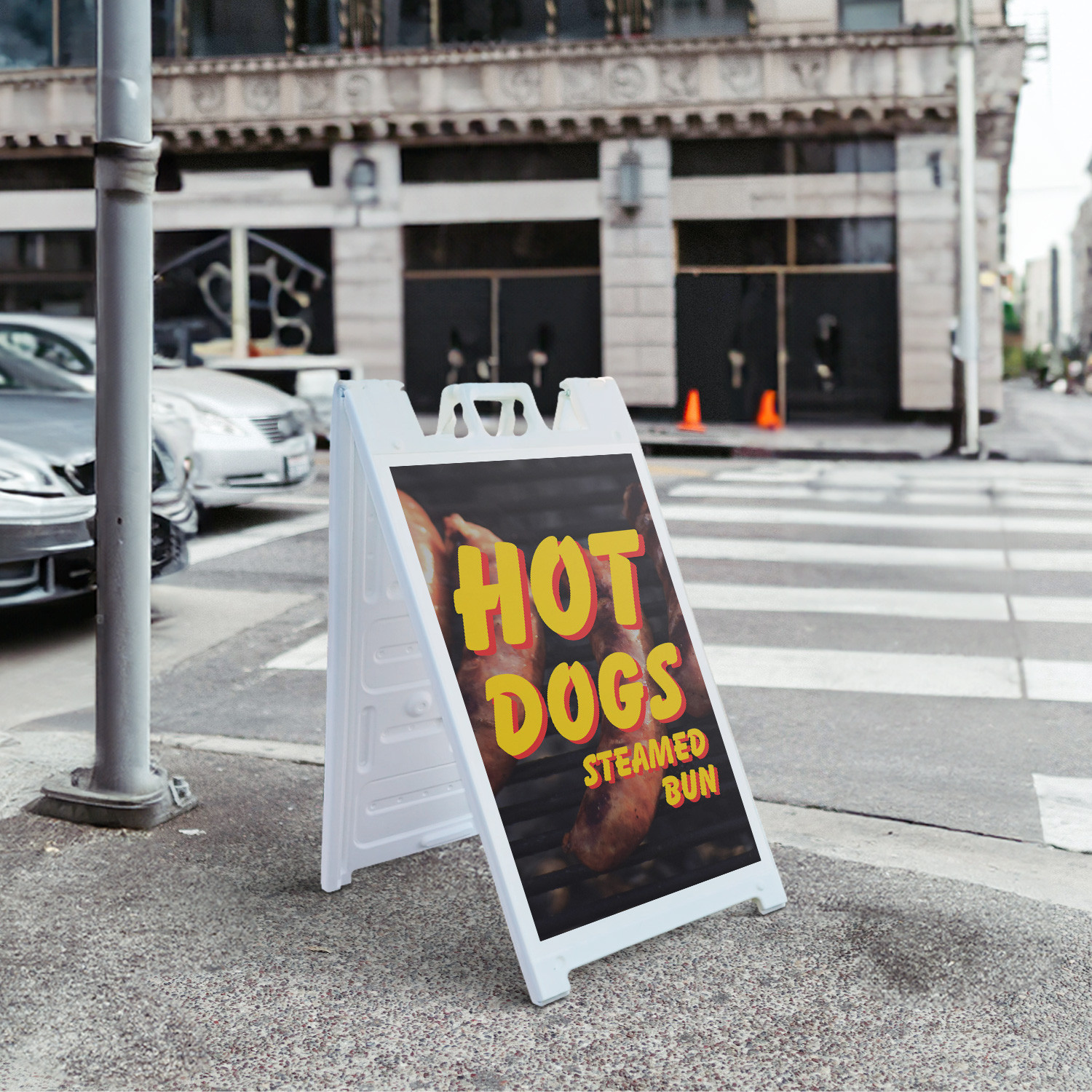 Hot Dogs Steamed Bun Heavy Duty A-Frame Sidewalk Sign Carnival Treats Freshly