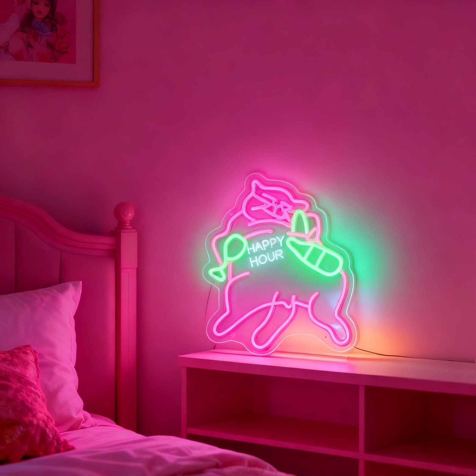 Happy Hour Pink Cat Neon Sign for Wall Decor Light Up Letters Business Led Si…