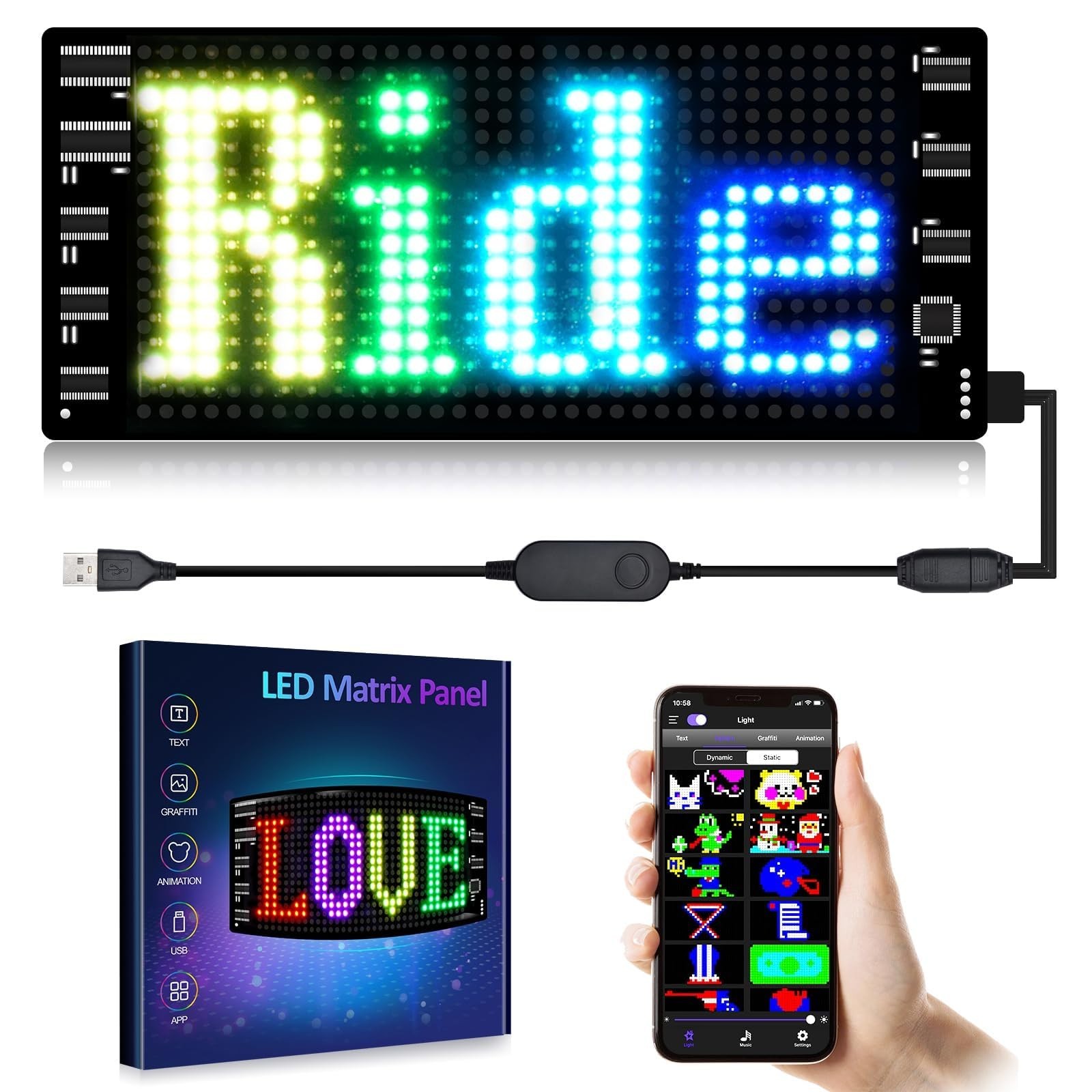 Scrolling LED Car Sign – Flexible Bluetooth App, DIY Text & Animation, 3″x7