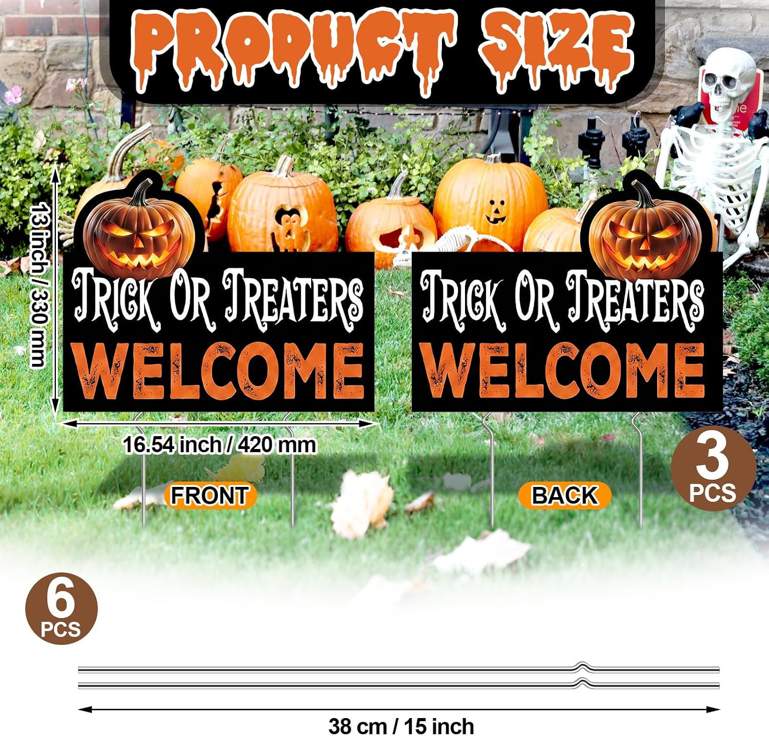 3 Pcs Halloween Yard Signs, Trick or Treaters Welcome Outdoor Decor | 16.5X13 In