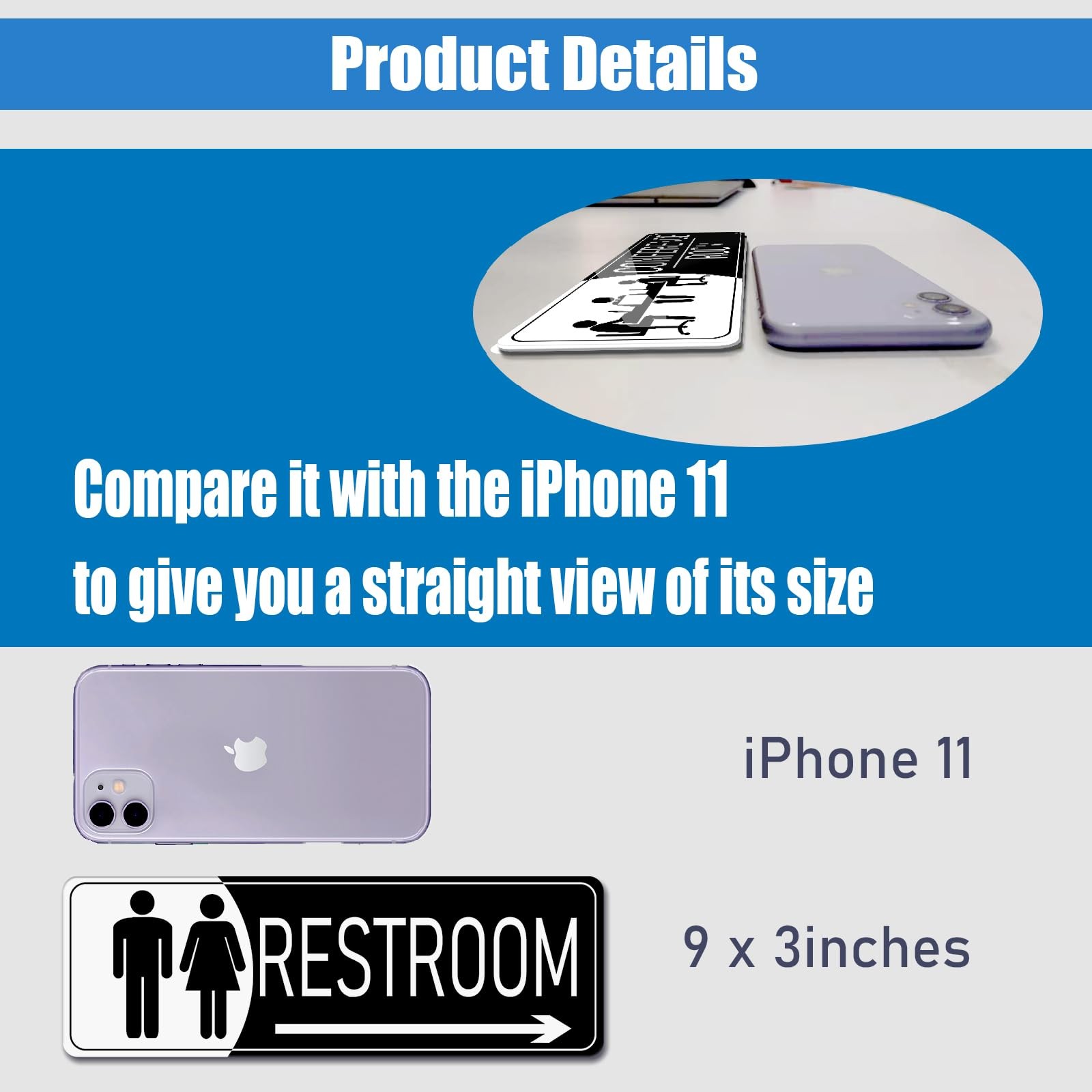 Black White 9×3 Inch Restroom Sign Right Arrow Self Stick Door Wall Signage