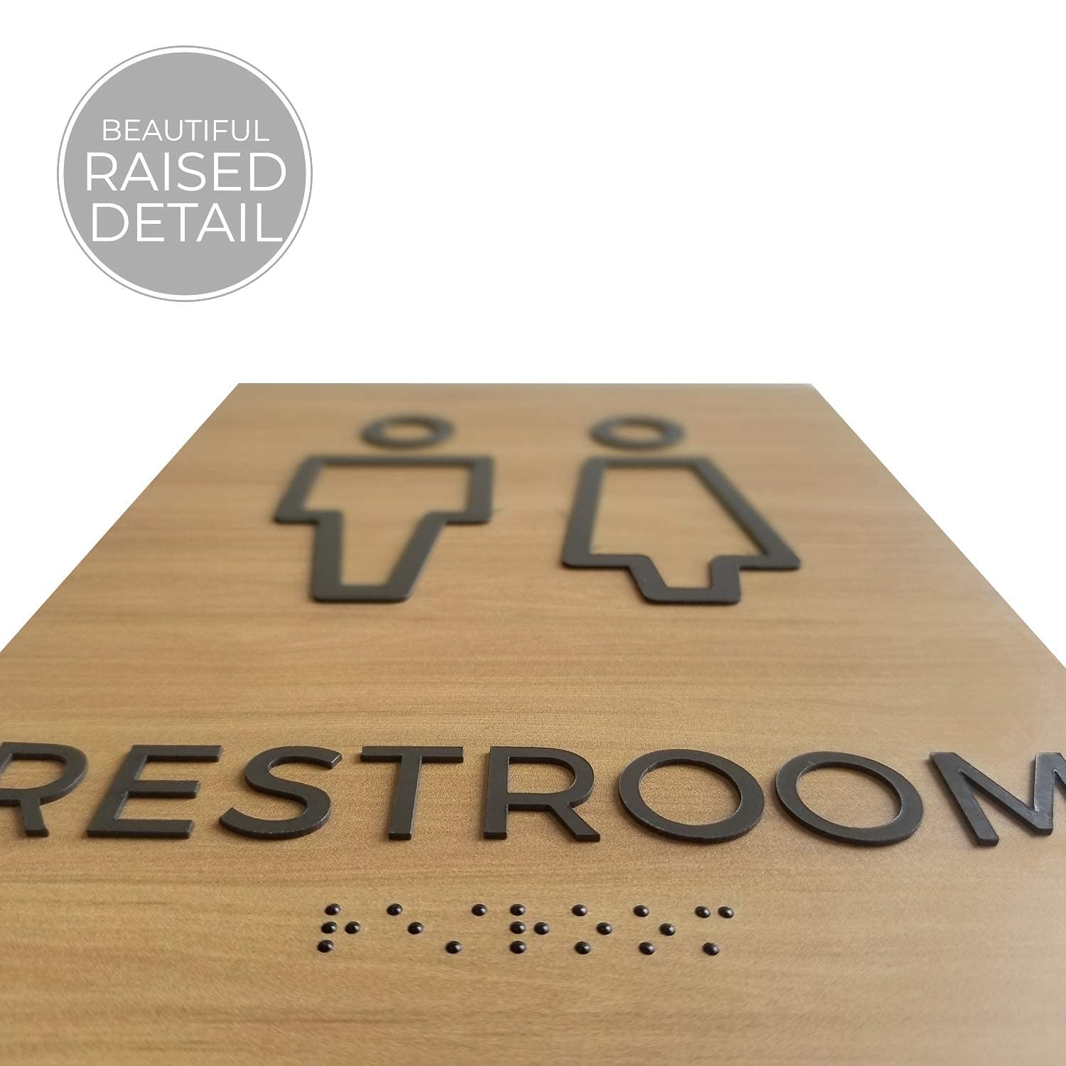 Men Women ADA Unisex Restroom Bathroom Sign Braille 6×9 Inch Oak Woodgrain