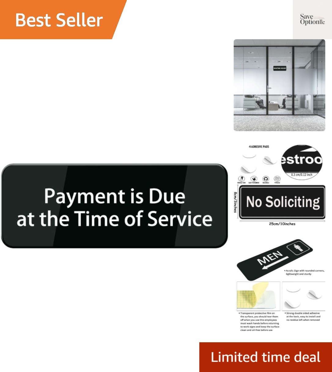 Payment Is Due At The Time Of Service Sign 10″”X3″” Black White Acrylic – Sel…