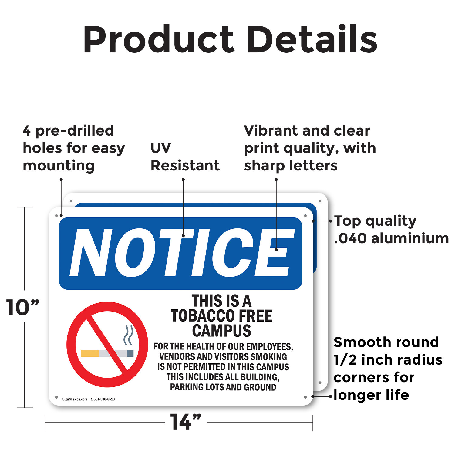 (2 Pack) Tobacco Free Campus OSHA Notice Sign Decal Metal Plastic