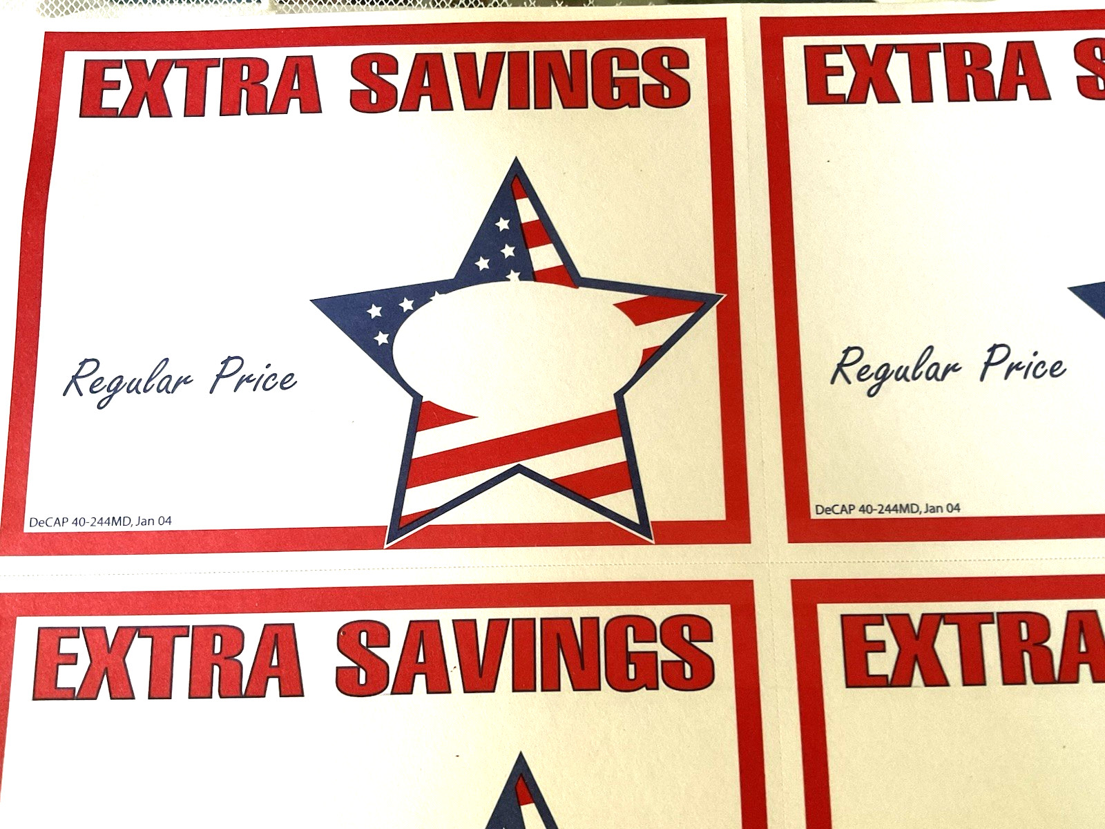 Sale Signs Extra Savings 80 Cards Red White Blue Star 5-1/2″ x 4-1/4″ New