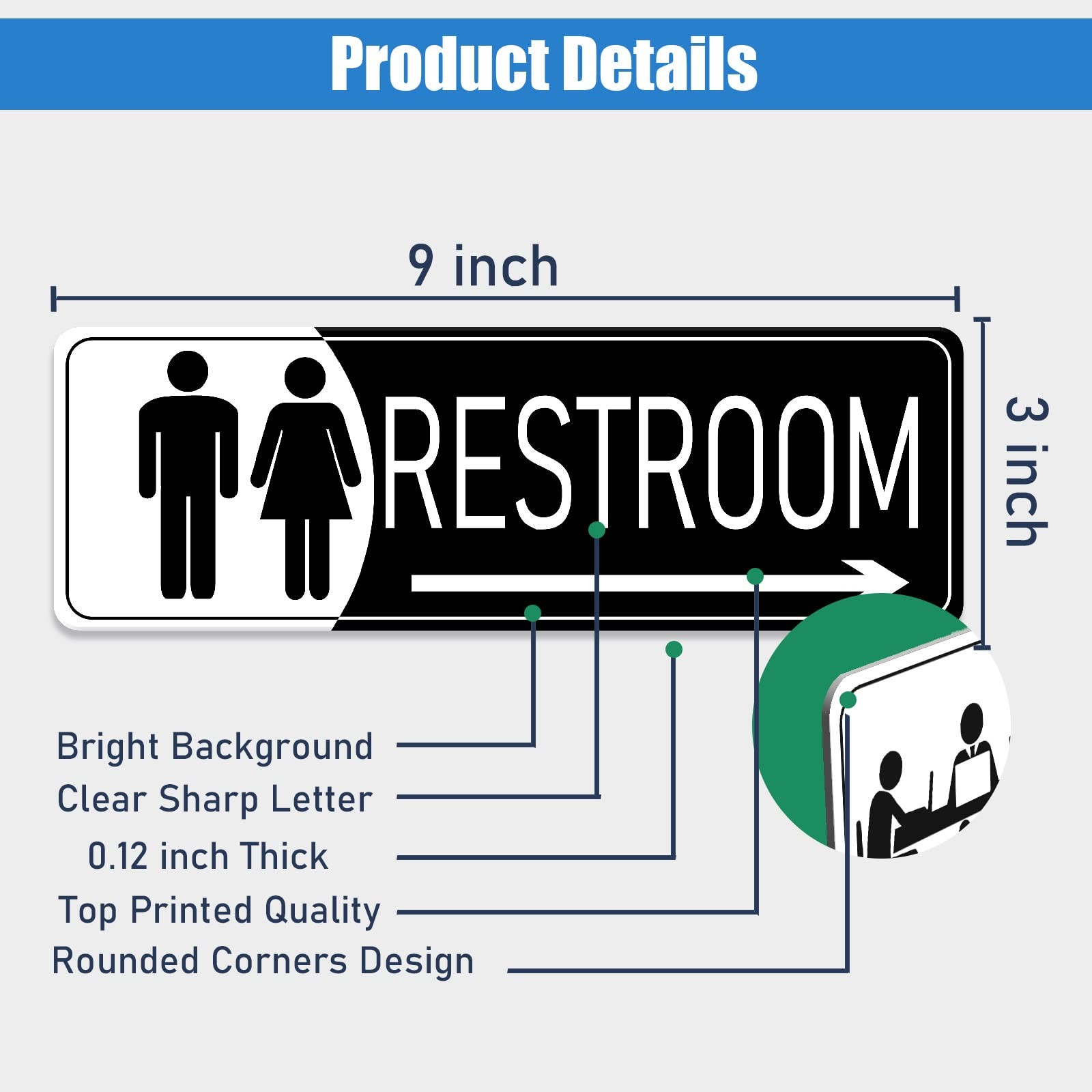 Black White 9×3 Inch Restroom Sign Right Arrow Self Stick Door Wall Signage