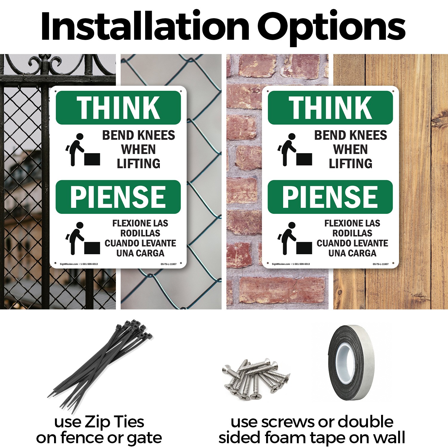 Bend Knees When Lifting Bilingual OSHA Think Sign Metal, Decal – 5 or 10 Pack