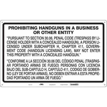 CONDOR 453T76 No Concealed Weapons Sign, 30 in Height, 48 in Width, Aluminum,