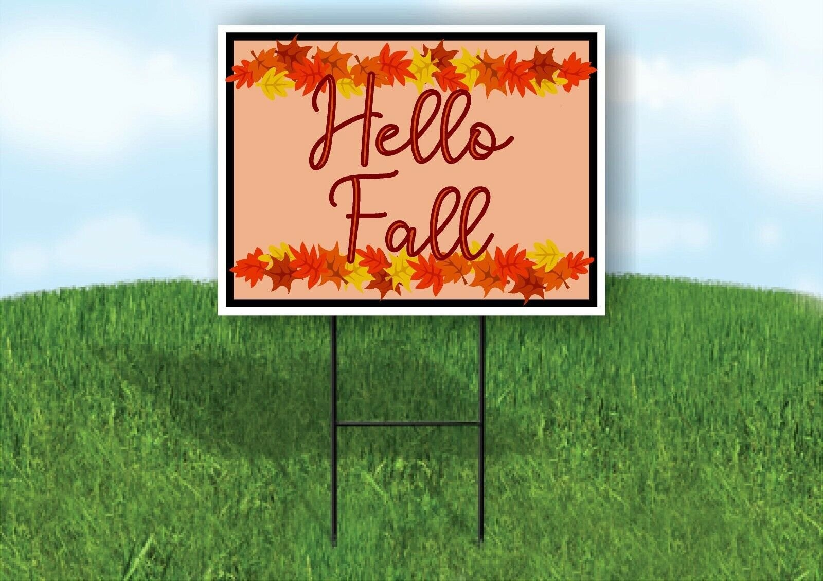 HELLO FALL MULTI LEAVES BLACK BORDER Yard Sign with Stand LAWN SIGN