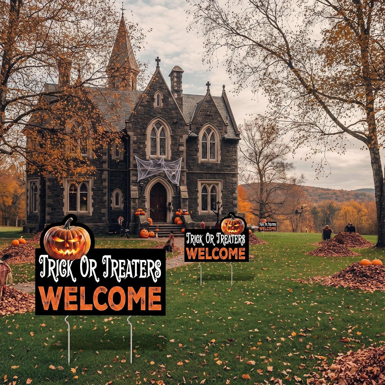 3 Pcs Halloween Yard Signs, Trick or Treaters Welcome Outdoor Decor | 16.5X13 In