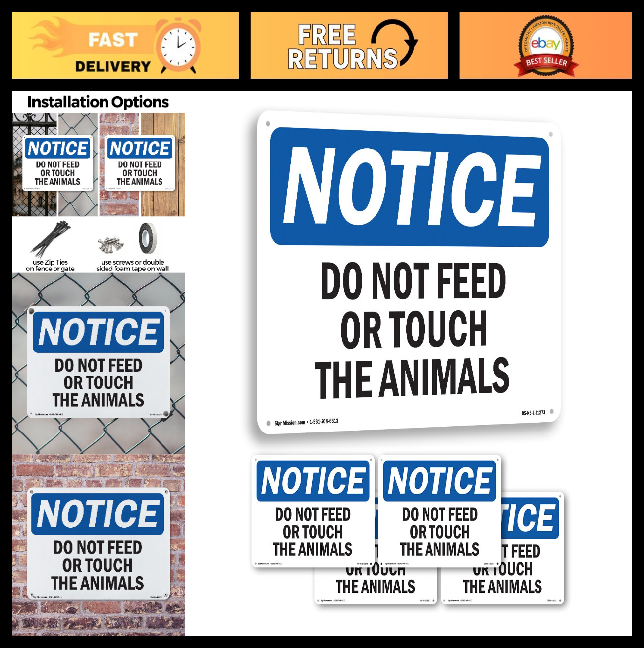 Do Not Feed or Touch Animals Sign – OSHA Notice Rigid Plastic 14×10 Inch – 5 Pac