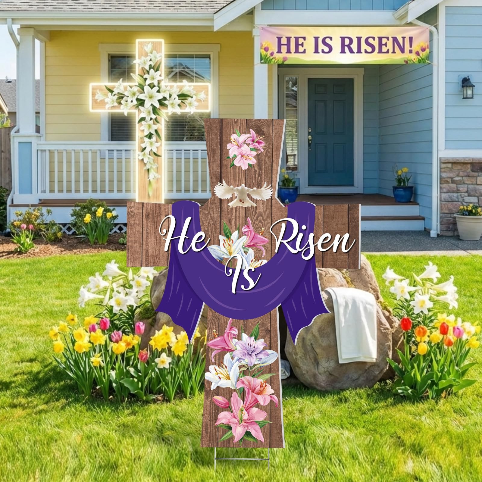 Roowest Easter He Is Risen Yard Sign Stakes 3.6 Ft Outdoor Lawn Decorations