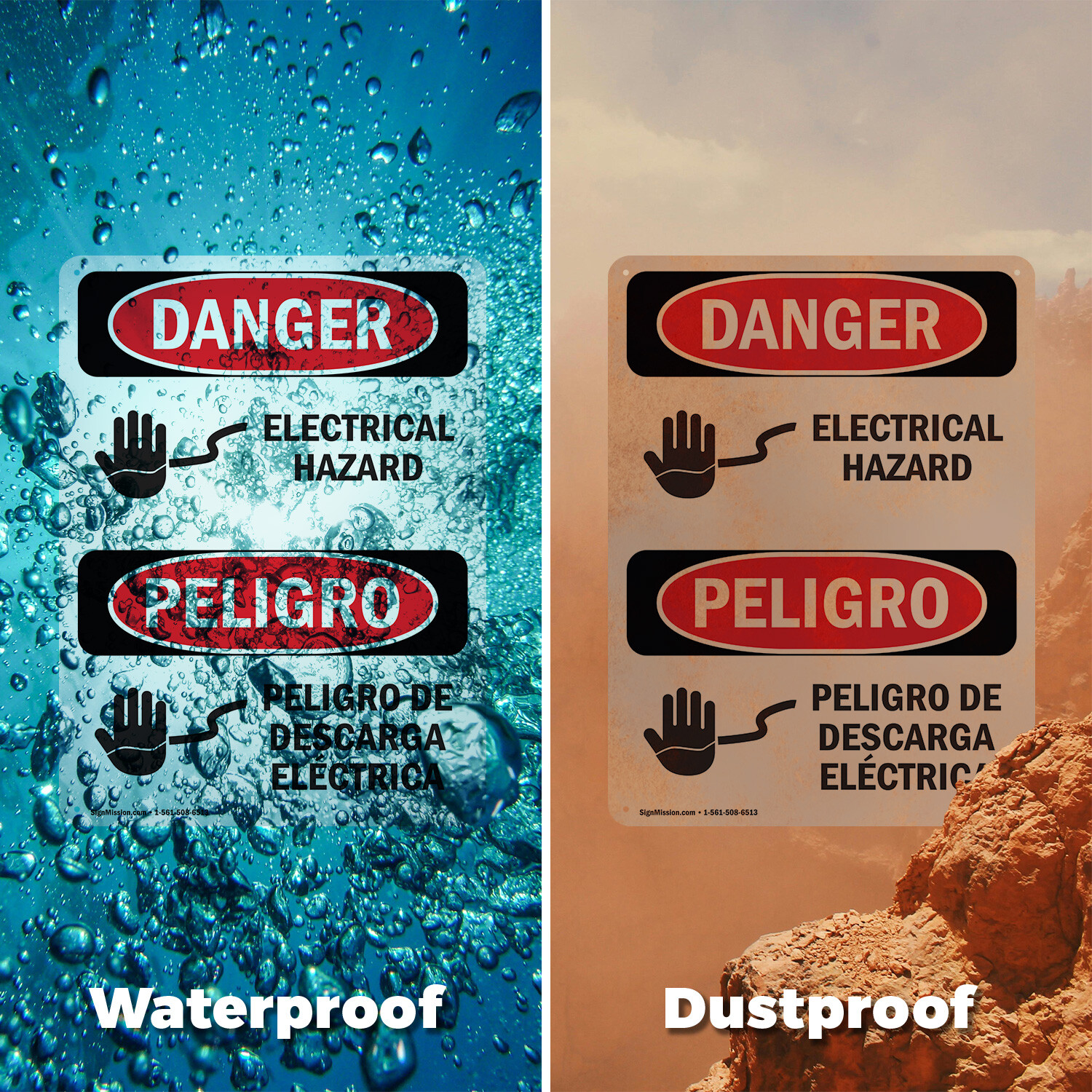(2 Pack) Electrical Hazard Bilingual OSHA Danger Sign Decal Metal Plastic