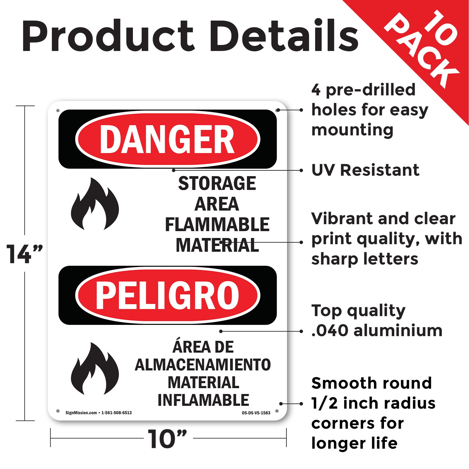 Storage Area Flammable Material Bilingual OSHA Danger Sign, Decal 5 or 10 Pack