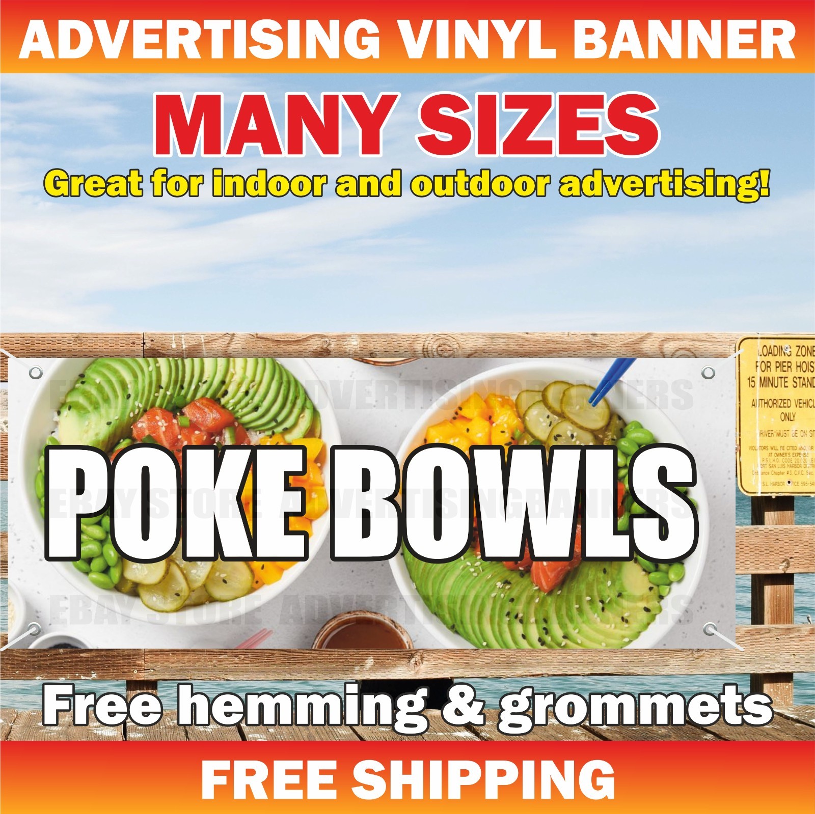 POKE BOWLS Advertising Banner Vinyl Mesh Sign Street Food Restaurant Buffet