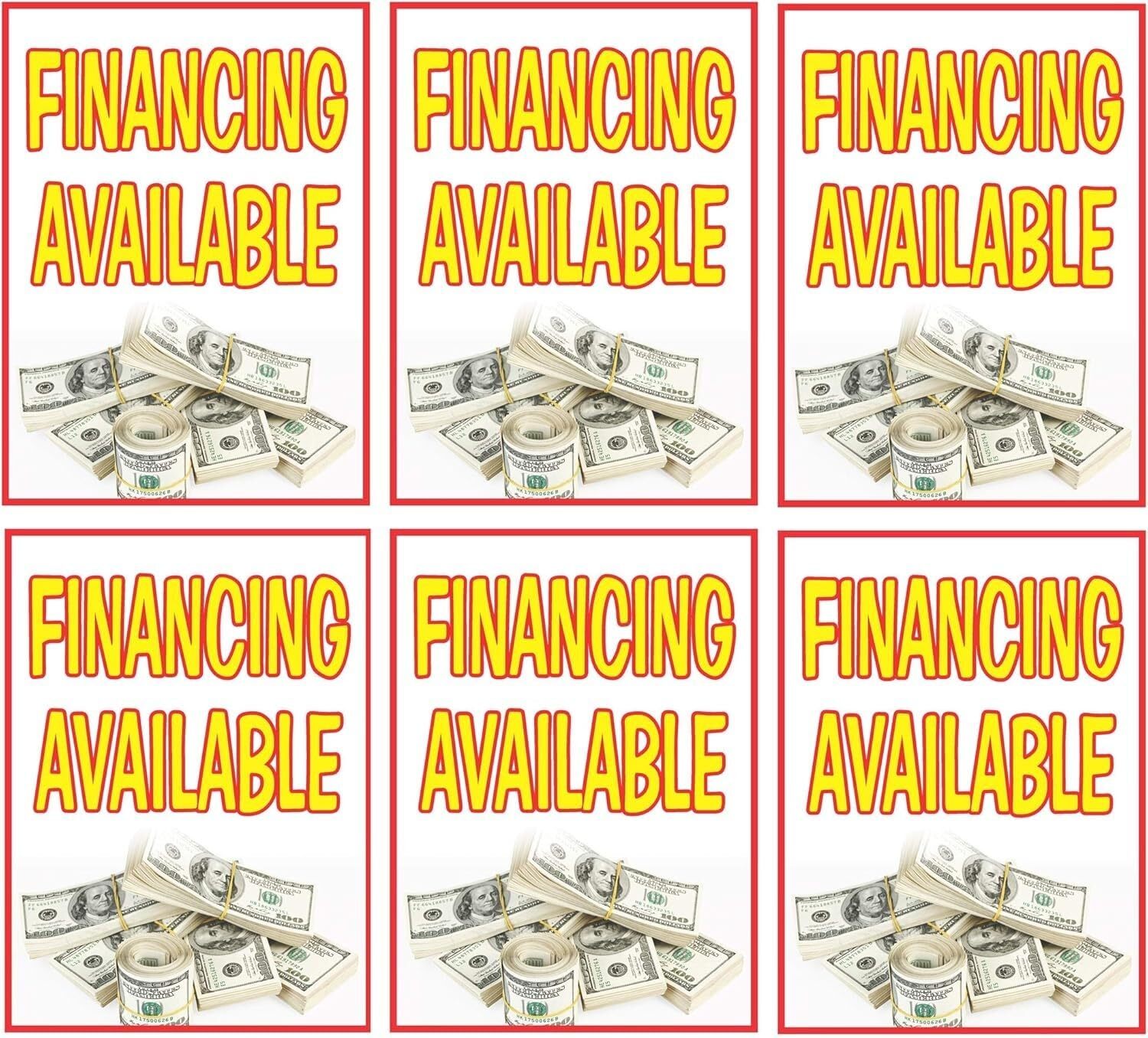 Financing Available Retail Window Display Paper Signs | Pack of 6 | 18″w x 24″h