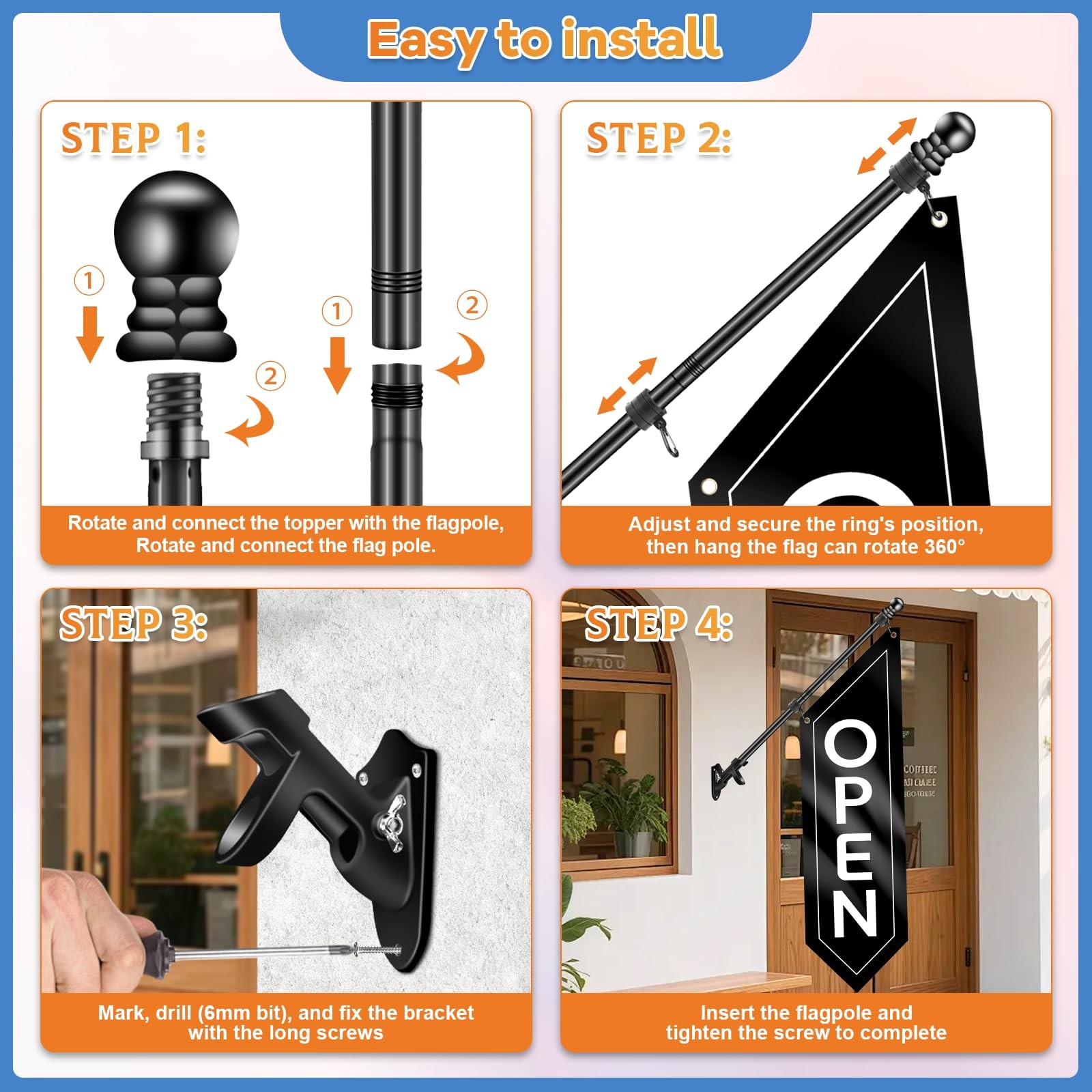 Open Flag with Pole Kit – Heavy Duty Double-Sided Open Banner for Business St…