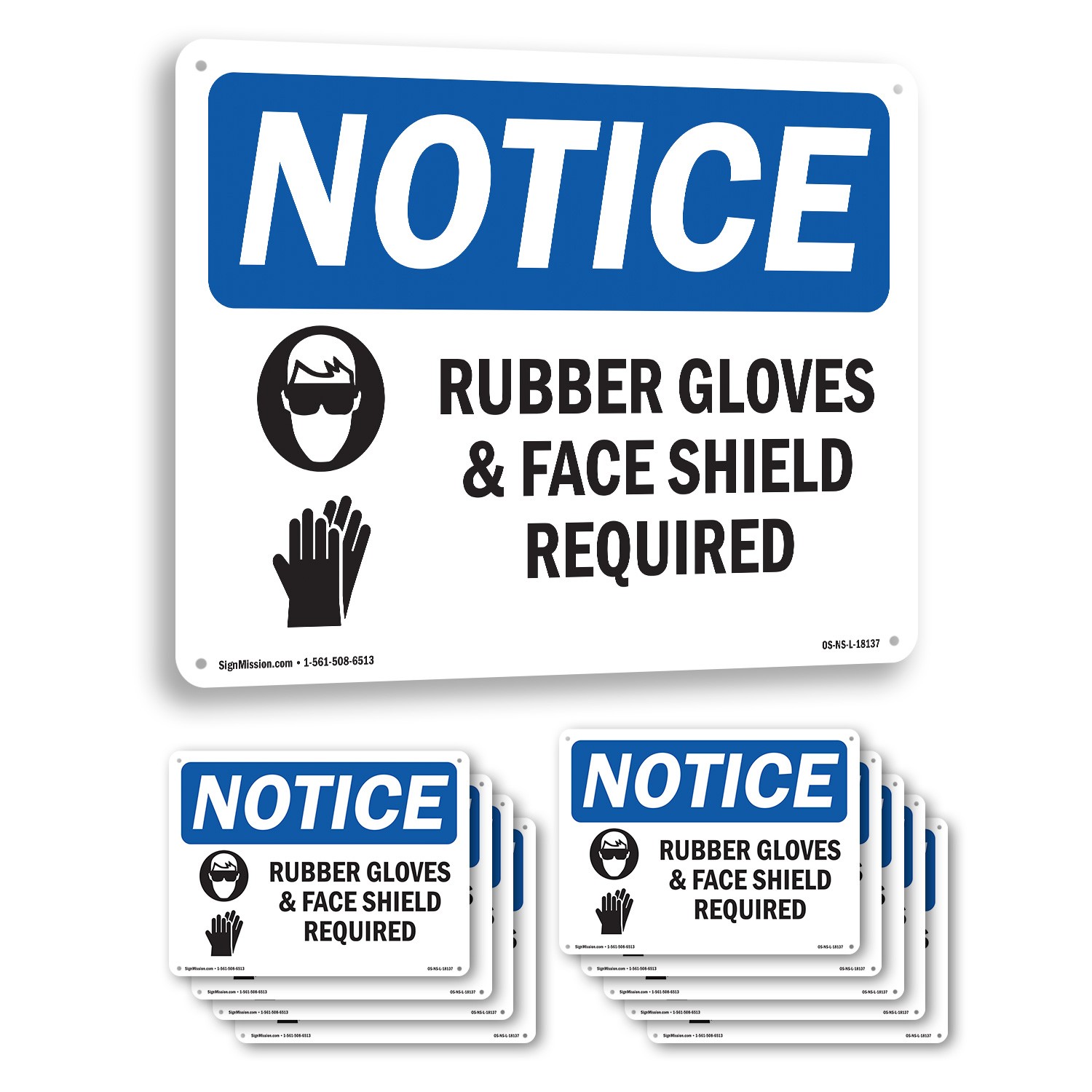 Rubber Gloves & Face Shield Required OSHA Notice Sign Or Decal – 5 or 10 Pack