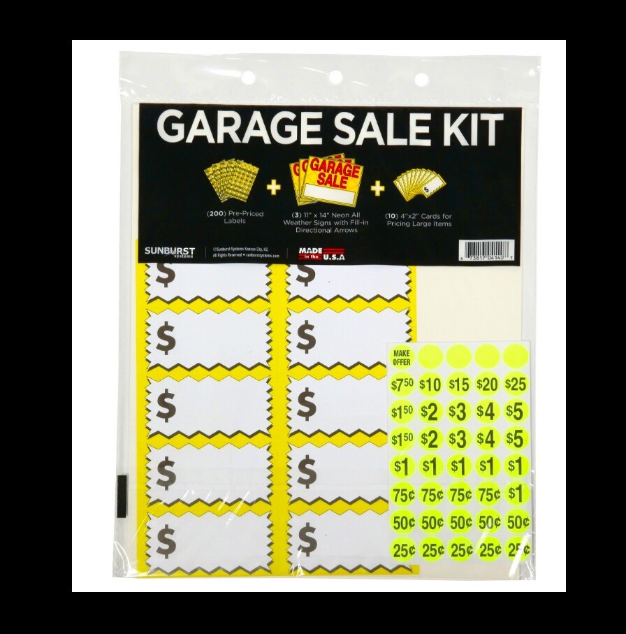 Garage Sale Kit: 3 Plastic Yard Signs 11×14 , 200 Price Stickers, 10 Price Cards