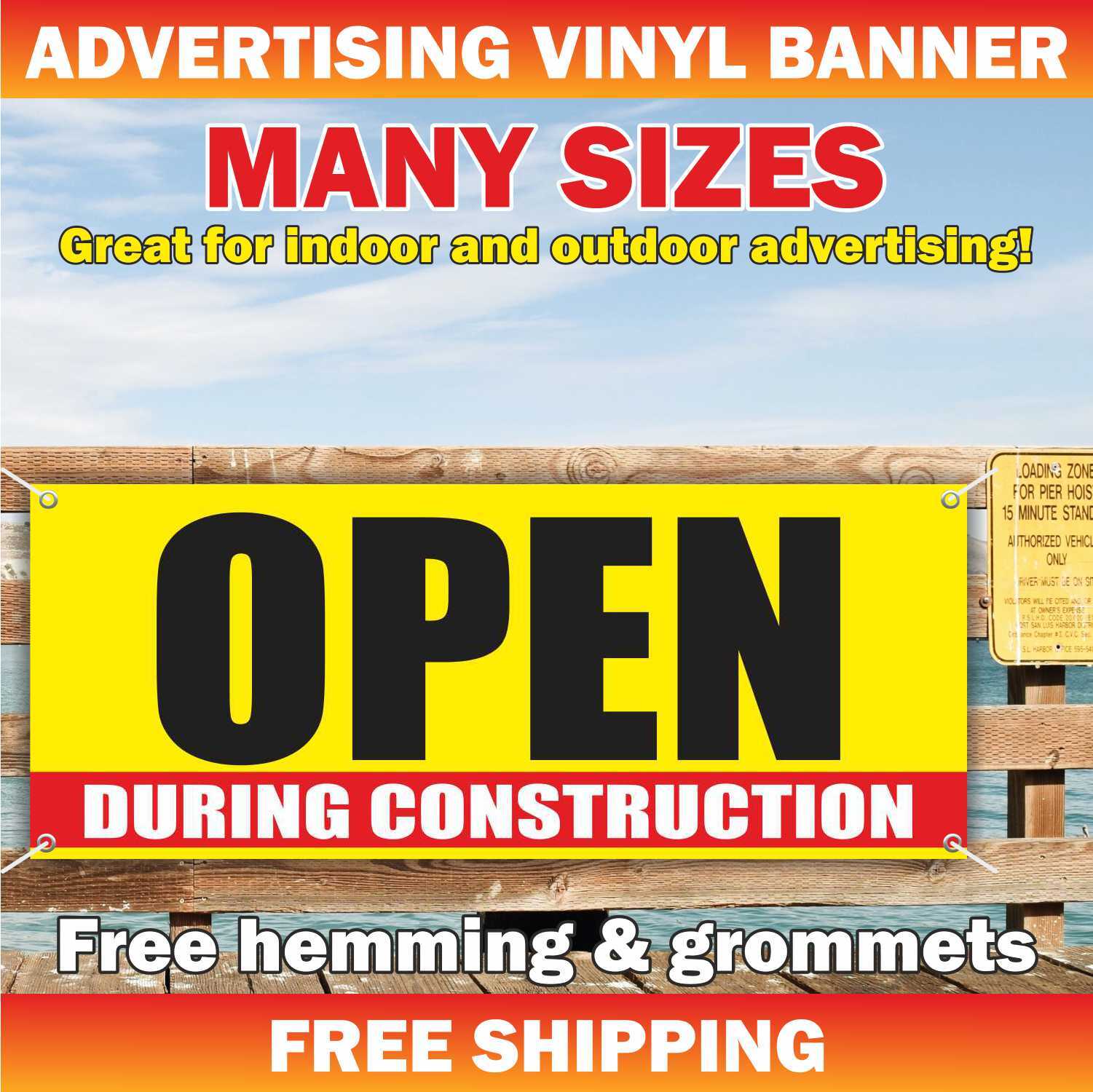 OPEN DURING CONSTRUCTION Advertising Banner Vinyl Mesh Sign welcome now open