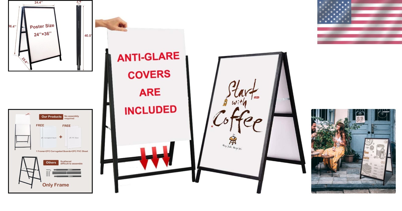 Outdoor Sidewalk Sign A Frame 24×36 – Durable Iron, Includes 2 Anti-Glare Covers