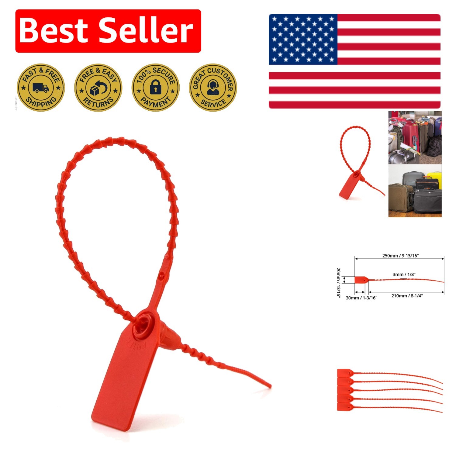 100Pcs Red Plastic Tamper Seals – Self-Locking Security Zip Ties for Fire Safety