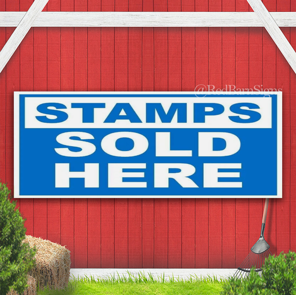 STAMPS SOLD HERE BLUE Banner Sign with GROMMETS