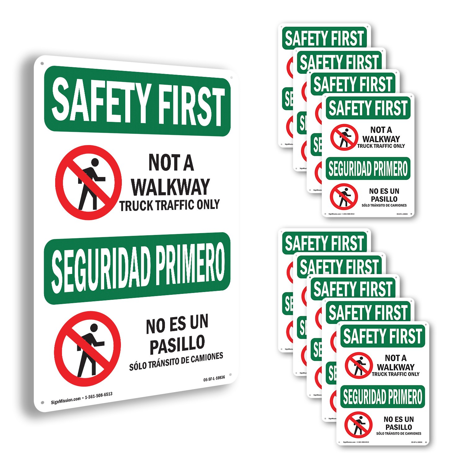 Not A Walkway Truck Traffic Bilingual OSHA SAFETY FIRST Sign, Decal 5 or 10 Pack