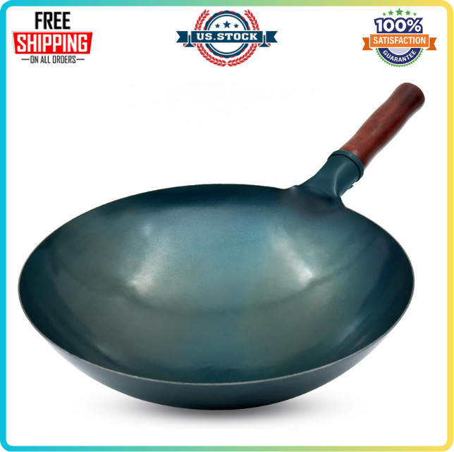 Carbon Steel Wok Traditional Hand Hammered Wok,14 Inch,Round Roasted Blue